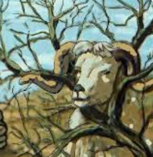 A cartoon of a goat in a tree Description automatically generated